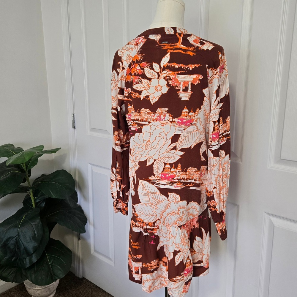 Maaji Mini Dress Women S Brown Orange Tropical Floral Scenic Long Sleeve Boho - Picture 2 of 8